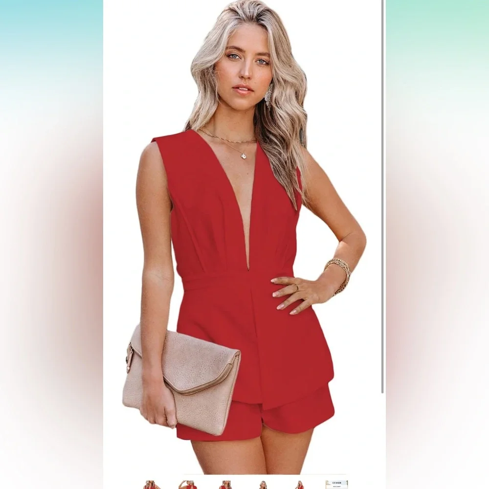 LYANER V Neck Sleeveless Romper Short Jumpsuit - Picture 2 of 6